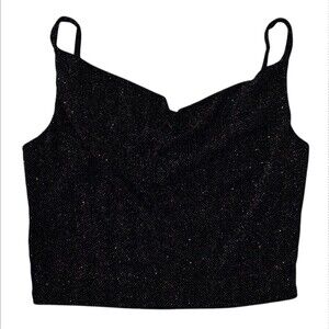 Vtg 90s Mesh Crop Tank Top M Medium Black Whimsigoth Sparkle Glitter Cowl